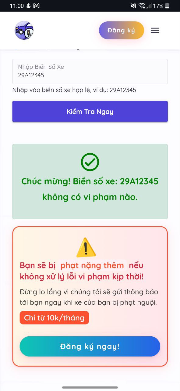 Kết quả trả về: Không tìm thấy vi phạm biển số xe 29A12345